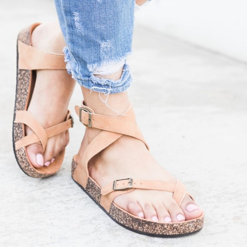 LADIES STRAPPY BUCKLE CORK SANDALS.BROWN - Picture 5 of 6